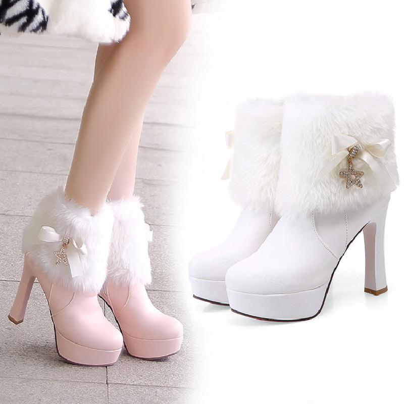 

US4-11 Womens Platform Ankle Boots Fur Fleece Liner Rhinestones Crystal Decor Bowknot Side Zip Warm Winter Snow Shoes 3Colors, Black