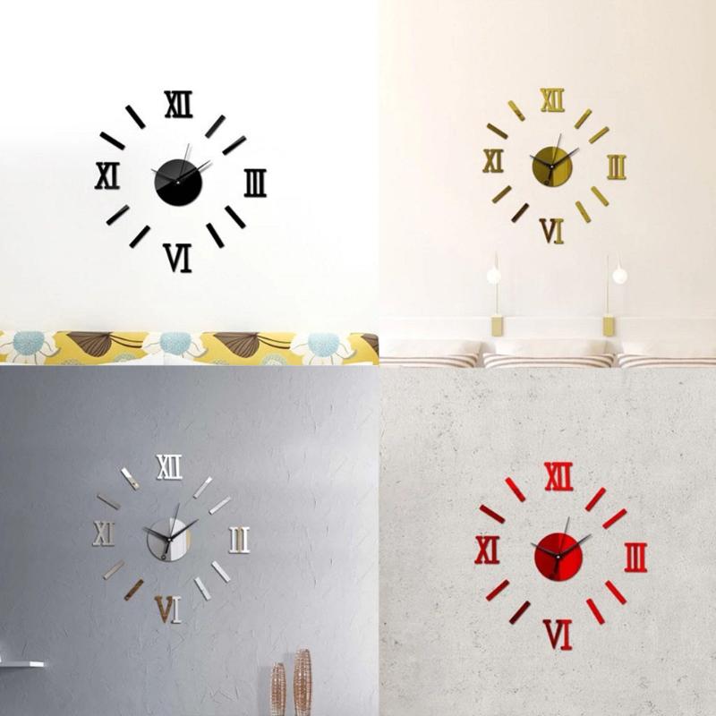 

2PC Modern DIY Large Wall Clock 3D Mirror Surface Sticker Home Decor Art Giant Wall Clock Watch With Roman Numerals Z0518