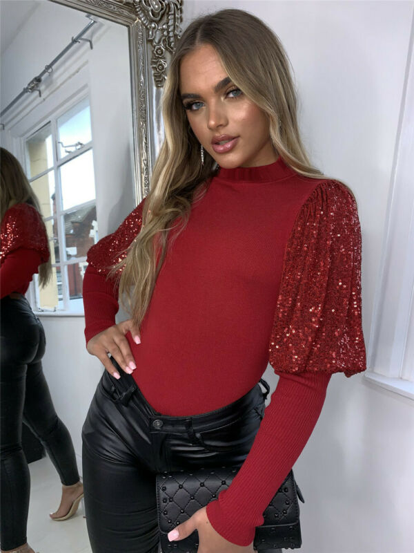 

New Women Ladies Sequin Sleeve Top Pullover Sweater Blouse Loose Jumper Ribbed Shirt, Black
