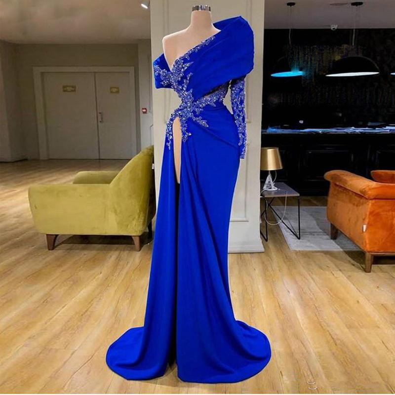 

Elegant 2020 Royal Blue Mermaid Prom Dresses One Shoulder Lace Beaded High Side Split Evening Gown Sweep Train Satin Event Wear, Daffodil