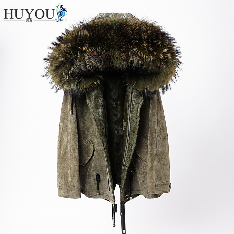 

HUYOU 2018 Raccoon Parkas Female Real Fur Jacket For Women Thickening Fur Coat Natural Genuine Lather Sheepskin Coat, Black