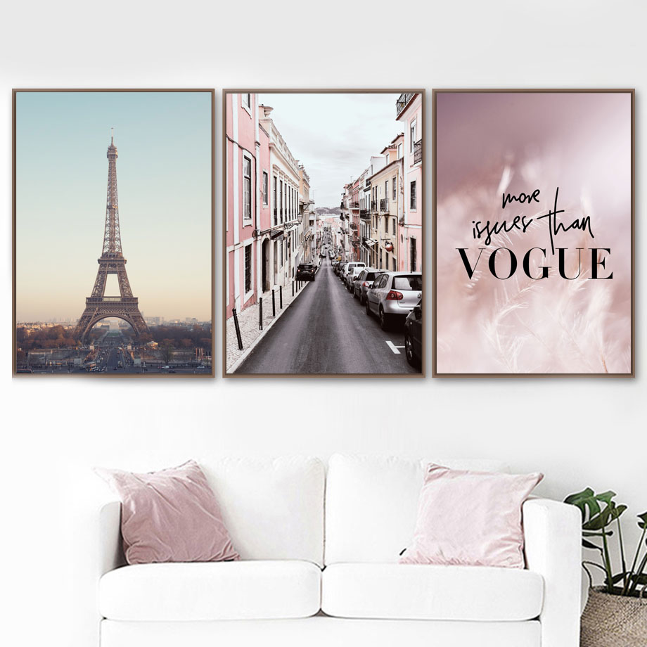 

Pink Feather Paris Tower Road Wall Art Canvas Painting VOGUE Nordic Posters And Prints Wall Pictures For Living Room Home Decor