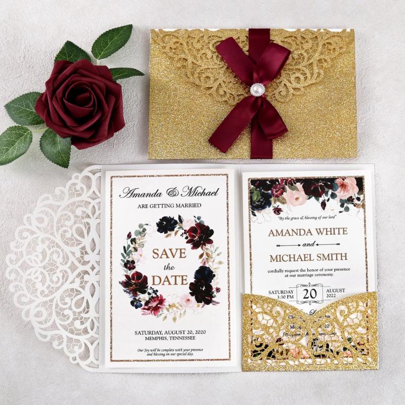 

50pieces Custom Gold Color Laser Cut Hollow Wedding Invitations Pearlized Paper with Envelopes for Wedding Party, Quinceanera