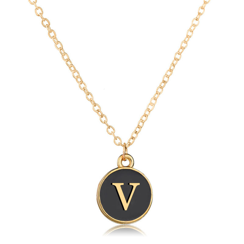 Korean Style Gold Plated Chain Round Alloy Pendant Black Enamel 26 Letter Necklace-image-539812927