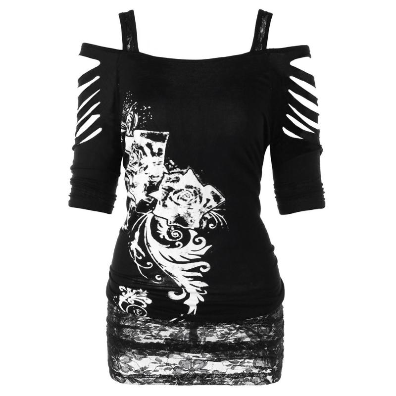 

2020 Fashion Women Blouse Off shoulder Rock Gothic Shirt Casual Ripped Sling Blouse Top