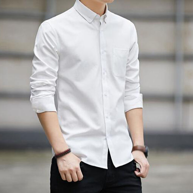 

Men Tops Shirts Business Autumn Slim Blouse Fashion Work Long Sleeve Tee, White