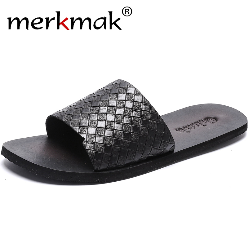 

Merkmak Men Leather Slippers 2020 Summer Vacation Beach shoes High Quality Slip On Lightweight Non-slip Breathable Big Size 47, Black