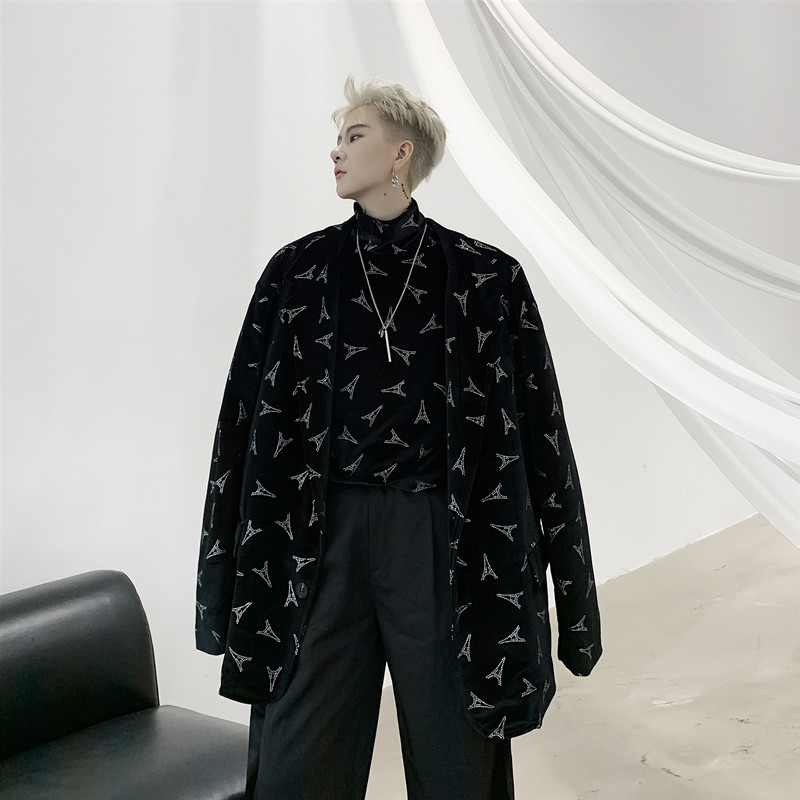 

Male Vintage Fashion Street Suit Coat Outerwear Men Rhinestone Pattern Loose Causal Suit Blazer Jacket, 19117