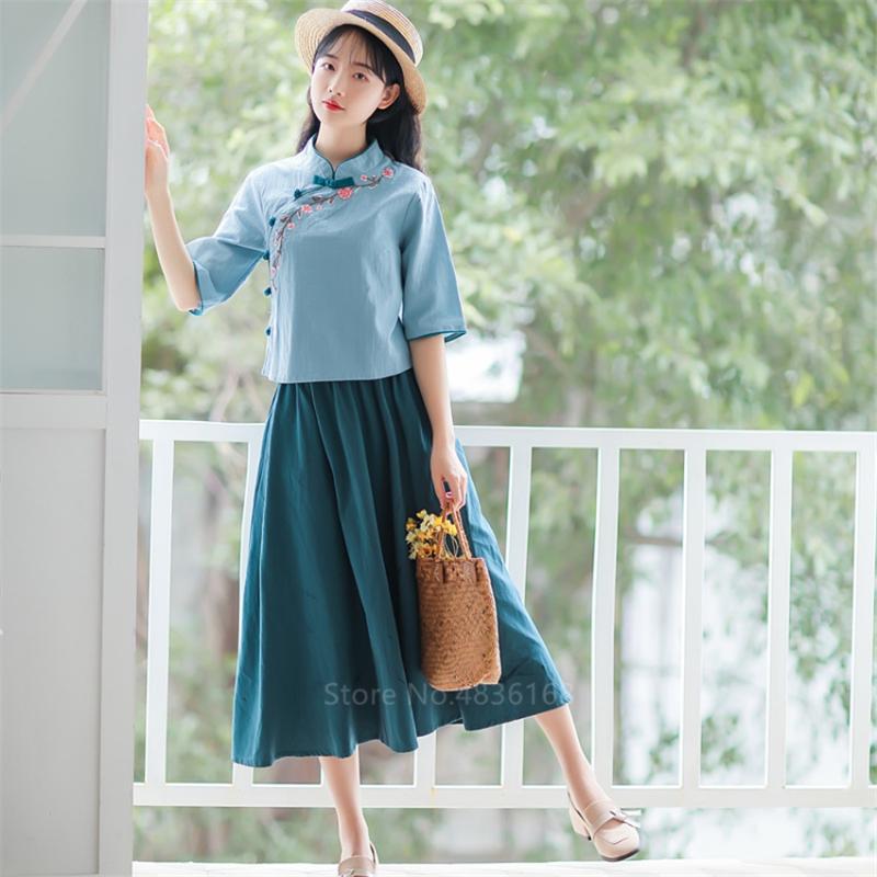 

Chinese Traditional Dress Qipao for Women Girl Festival Elegant Cotton Flower Embroidery Cheongsam Tang Suit Top Skirt Set