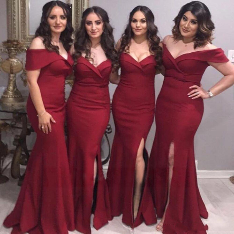 

Custom Burgundy Off Shoulder Mermaid Long Bridesmaid Dresses 2020 with Split Sweep Train Satin Evening Gowns