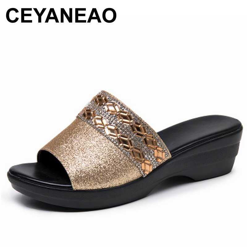 

CEYANEAO women slippers genuine leather shoes lace-up outside slides ladies fashion wedge summer thick beach rocker sole, Gold