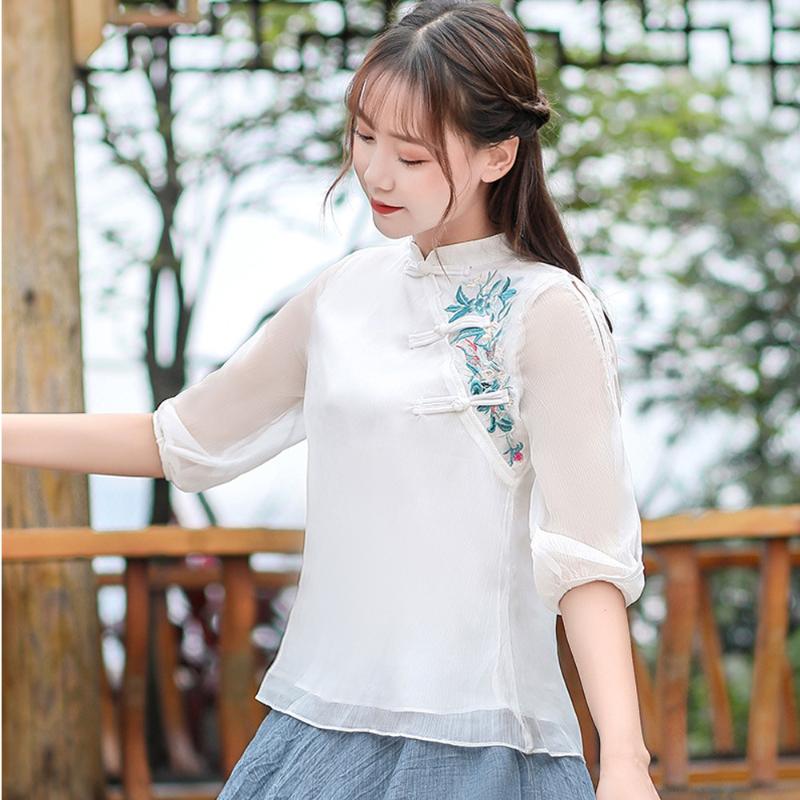 

2020 Cute Sweet New Fashion Vintage Frog White Chiffon Blouse Women Mesh Shirt Chinese Style Clothing Cheongsam Top Qipao Shirt