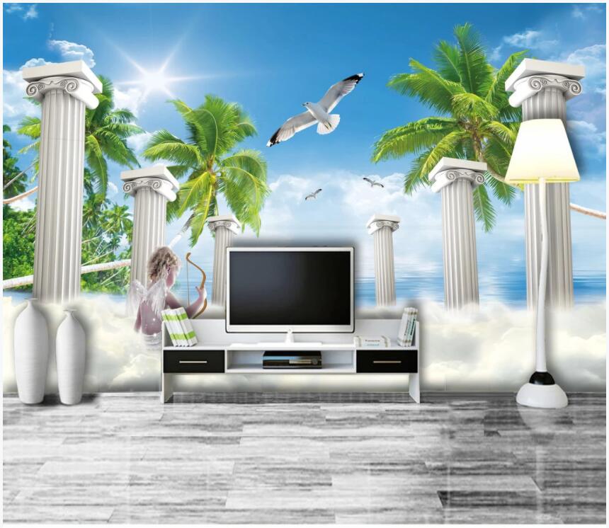 

custom photo 3d wallpaper Roman column seaside coconut tree angel scenery home decor living room 3d wall murals wallpaper for walls 3 d, Non-woven wallpaper