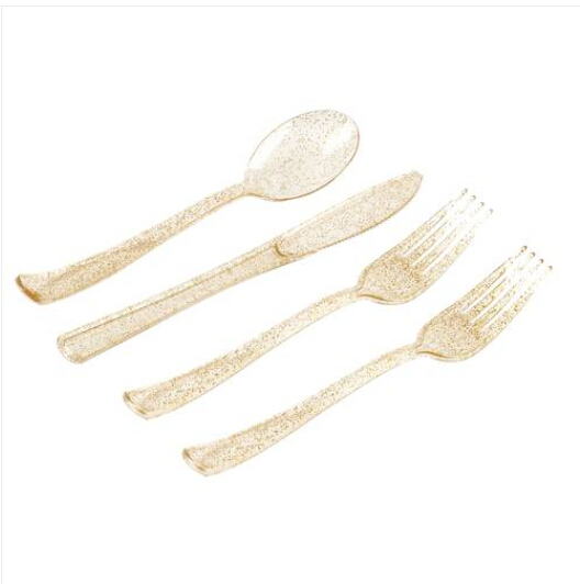 

Hot sales Wholesales 2019 200 Pcs Golden Plastic Disposable Silverware Include 100 Forks 50 Knives 50 Spoons