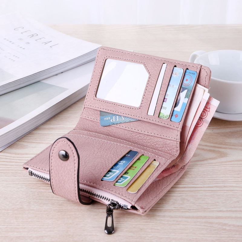 

Spring and summer new 2020 short retro frosted lady student three-fold small wallet studded buckle wallet, Black