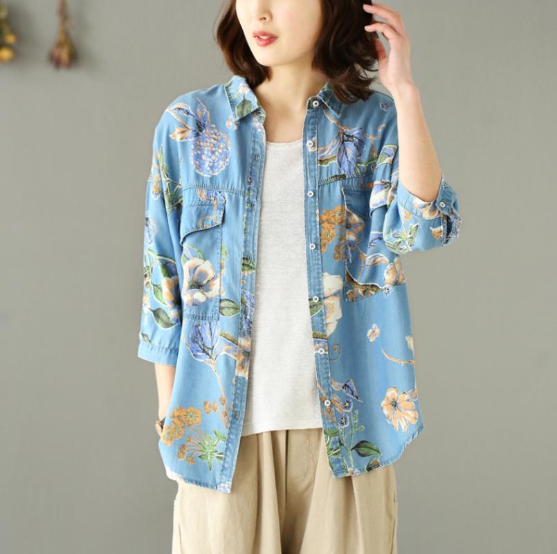 

Summer Casual Denim Shirts Floral Printed Loose Wild Three Quarter Sleeve Turn-Down Collar Thin Tees Fashion Female, Blue