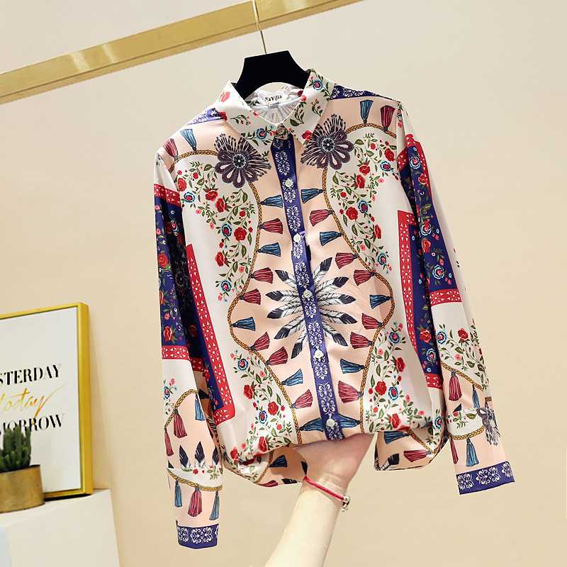 

2020 Summer Autumn Long Sleeve Blouse for Women New Retro Lapel Floral Print Shirt Ladies Tops Blusas Mujer De Moda 2020, Apricot