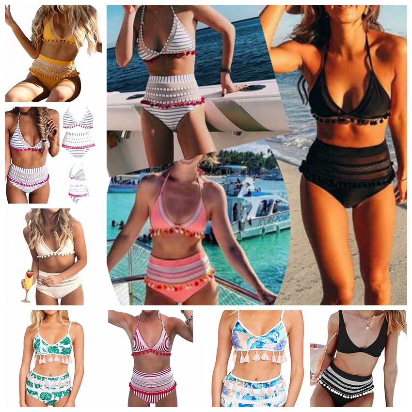 Maillot de bain 2019 houppe plage de la mode européenne sans manche vacances cou sexy pendaison haut bikini split maille taille, support lots mix