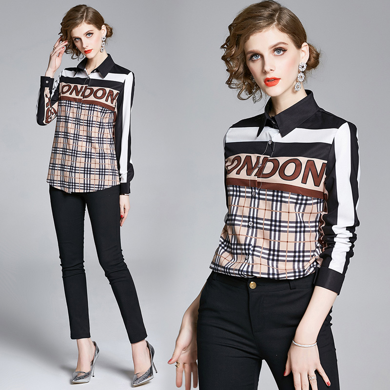 

Designer Fashion Elegant Women Tops Blouses Casual Office 2020 Runway Ladies Classic Print Long Sleeve Button Front Slim Lapel Shirts Plus, White