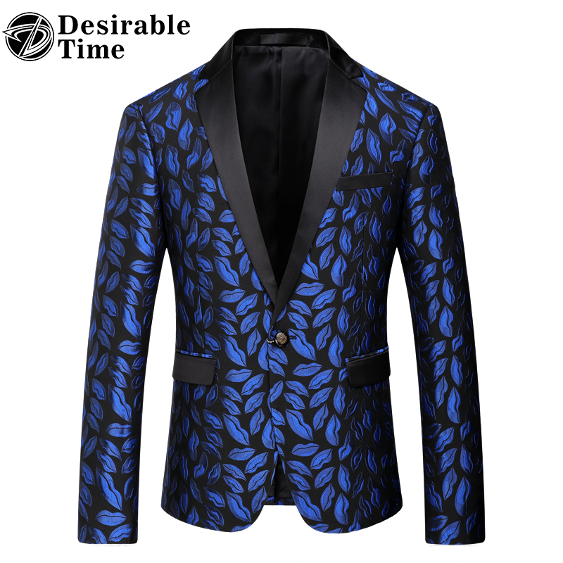 

Mens Royal Blue Printed Blazer Pattern Slim Fitted Prom Blazers Men One Button Suit Jacket Stage Costumes For Singers DT080