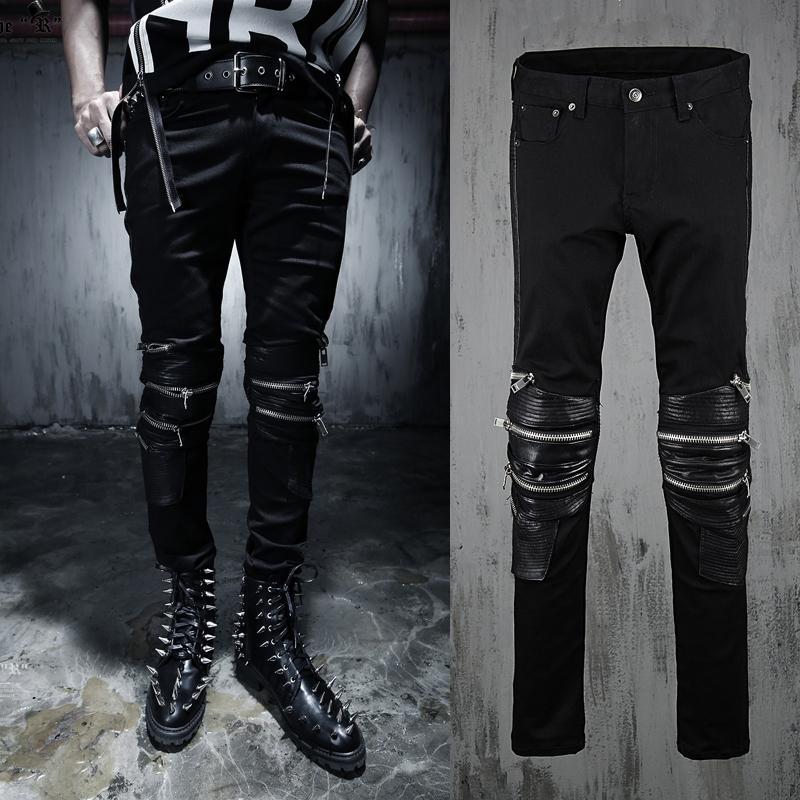 

2018 Men Punk Biker Jeans Black PU Leather Spliced Motorcycle Jeans Zippered At Knees New 2016 Celebrity Same Style Free Shipping