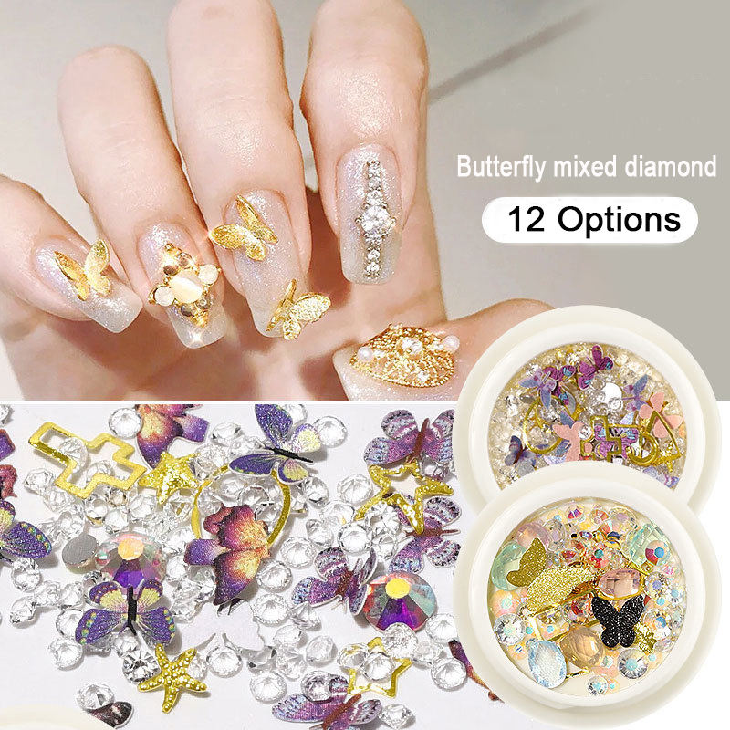 

12Pcs / Set Of Shiny Butterfly Mixed Diamond Nail Flash Tips UV Gel 3D Nail Stickers Decoration Manicure DIY Accessories