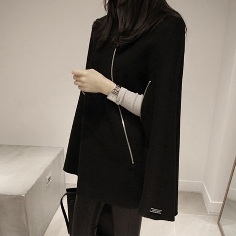 

2020 Korean Brand Fashion New Womens Stand Collar Wool Blend Coats Ladies Loose Fit Thicken Cloak Cape Coat Jacket Size -XL, Black