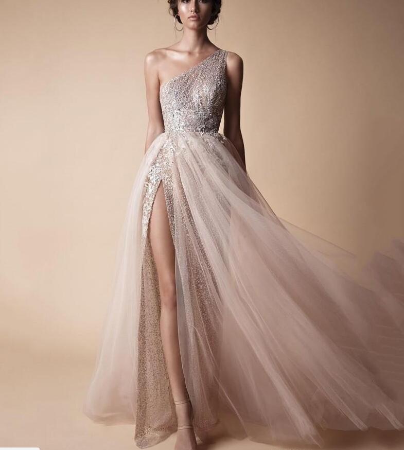 

Berta A Line prom Dresses Evening Wear Free Shipping One Shoulder Sequined Shiny Evening Gowns High Split Custom Made Formal Pro, Royal blue