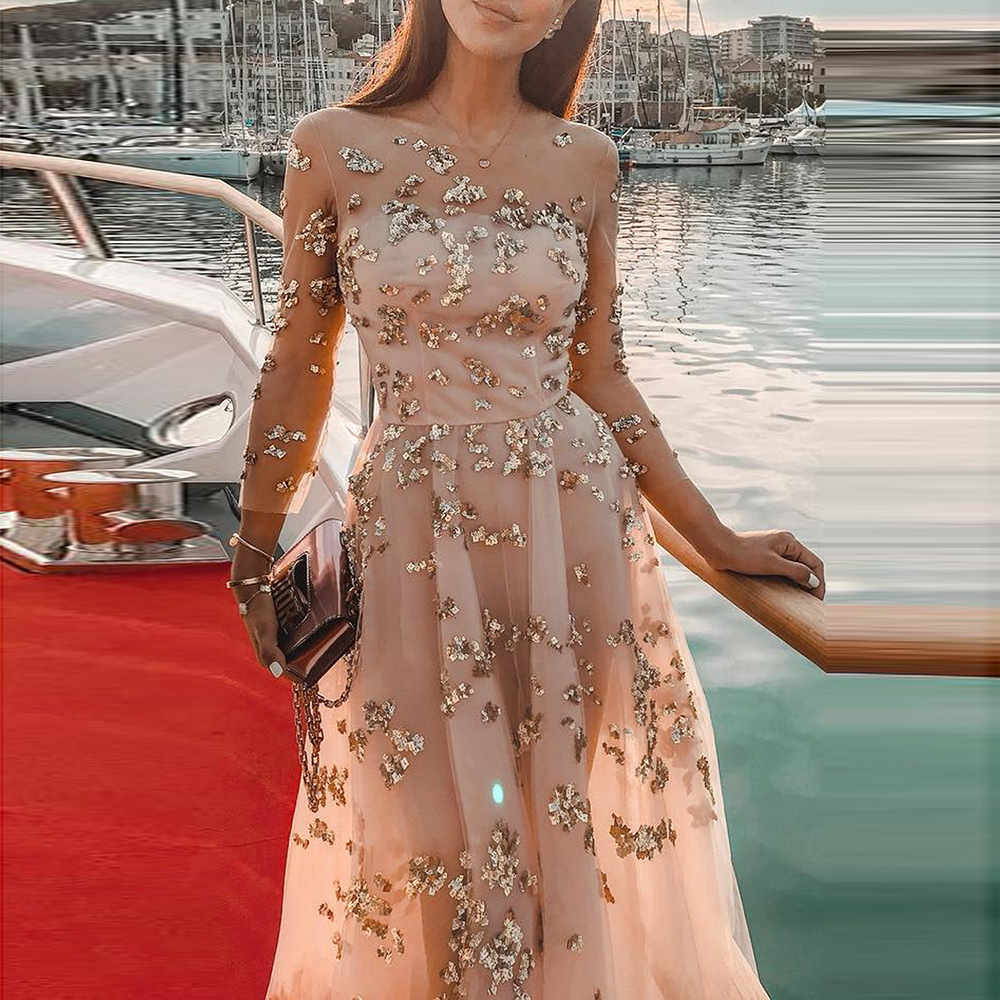 Fashion Newest Women Mesh Sheer Bodycon Long Party Clubwear Sequined Short Midi Dress Transparent Sexy Dresses SY611605-image-517625060