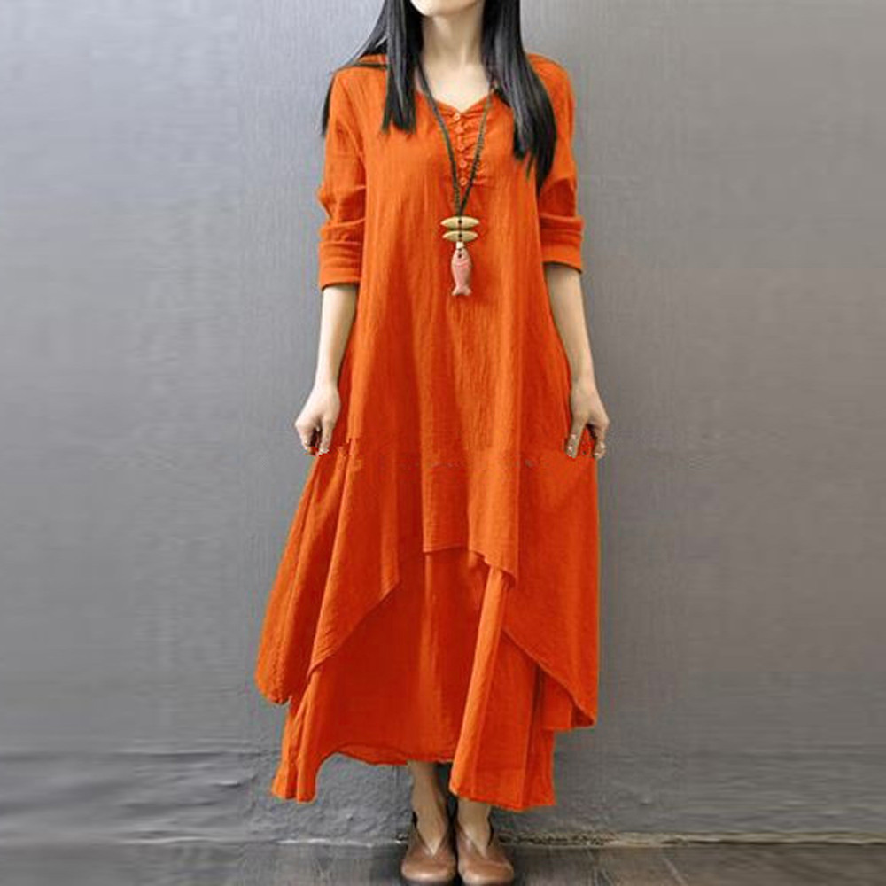 

Fashion Women Peasant Ethnic Boho Autumn Cotton Linen Long Sleeve Maxi Dress Gypsy Shirt Dress Kaftan Tunic Size M-5xl W406 MX190725, Orange