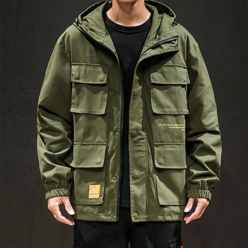 

2019 New Casual Cargo Jacket Men Pocket Solid Hooded Men Jassen Man Tactical Overwear Mate  -5XL, Black