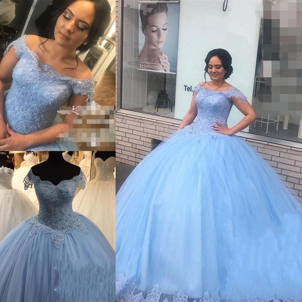 

Ocean Blue Lace Sweet 16 Quinceanera Dresses Ball Gown Off Shoulder Beaded Puffy Tulle Masquerade vestidos 15 anos Birthday Prom Dresses, Same as picture