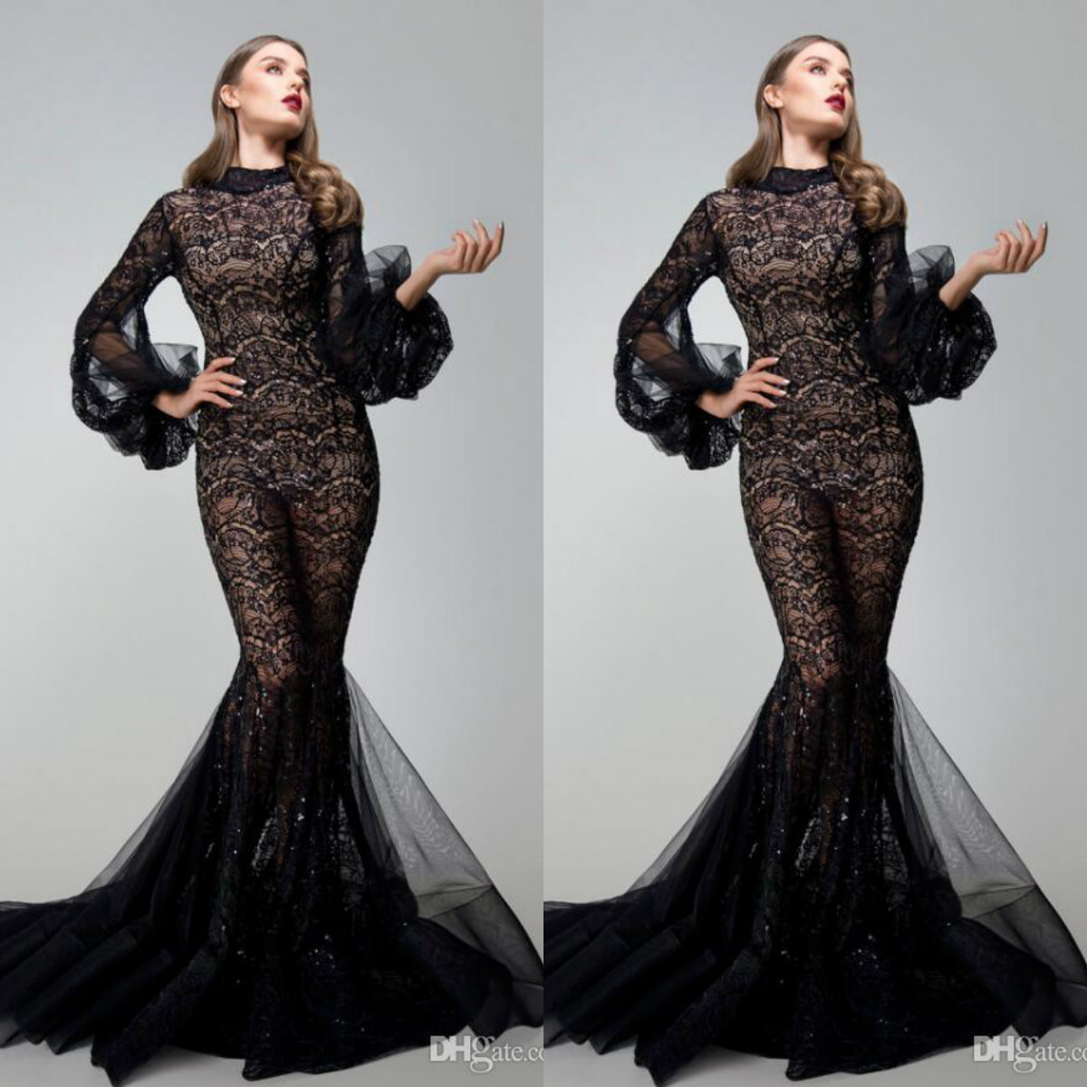 

Yousef Aljasmi 2020 Prom Dresses with Long Sleeves Sheer Sexy Black High Neck Mermaid Evening Gowns Sweep Train Formal Dress, Pink