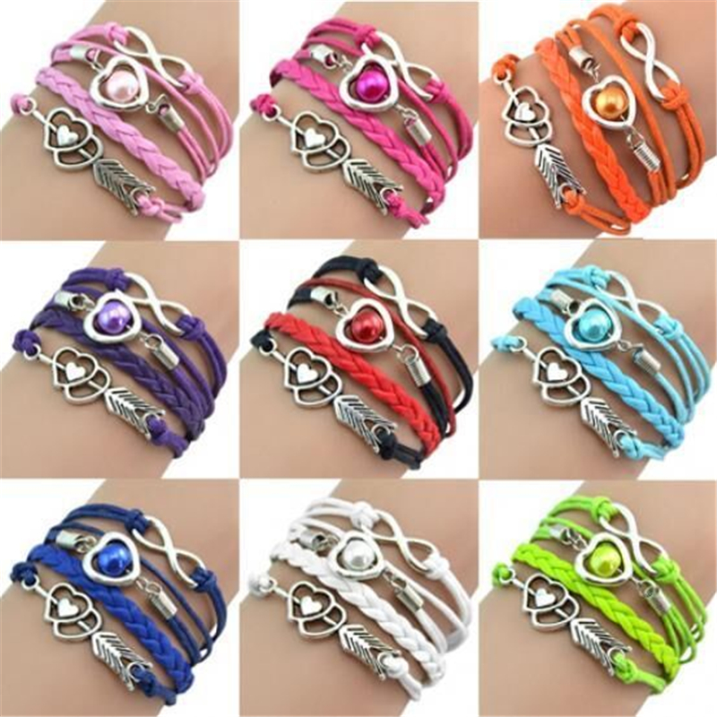 

New Infinity Charm Bracelets Heart Cupid Arrow DIY Leather Multilayer Artificial Pearl Bracelet Bangles Fashion Women Girl Wrap Bead Jewelry