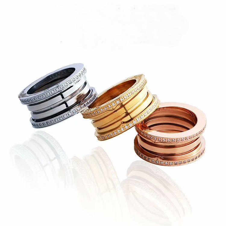 

New Arrival Fashion Lady 316 Titanium Steel Screw Spring Full Diamond Wedding Engagement 18K Gold Wide 1.0cm Rings Size5-9