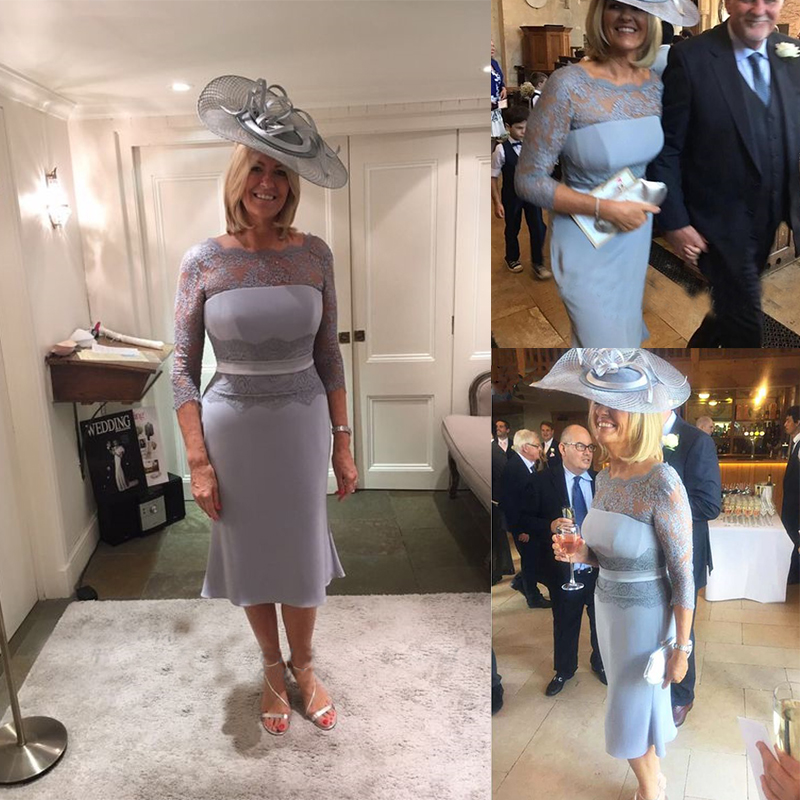 

Elegant Mother of the Bride Dresses 2021 Scoop 3/4Long Sleeves Lace Satin Evening Gowns Custom Made Knee-Length Wedding Guest Dress