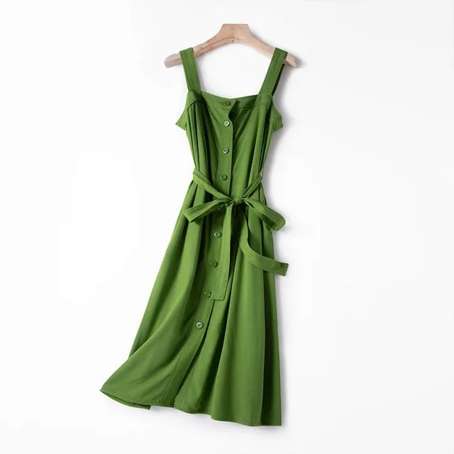 

Women Dress 2020 New Retro Square Neck Green Suspender Dress, As pic