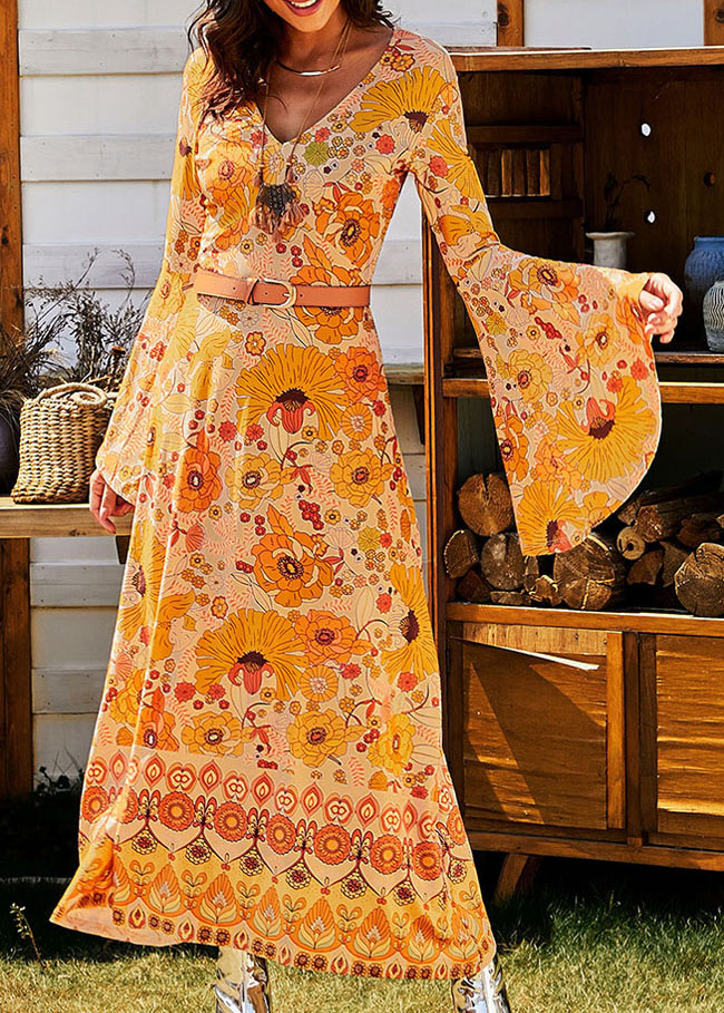 

S  L XL XL XXL Sexy Yellow Majesty Bohemia Sunflower Flower Long Women Dress V Neck Flared Sleeve Push Up Vintage Dress Vestidos DLM611363, Black;gray