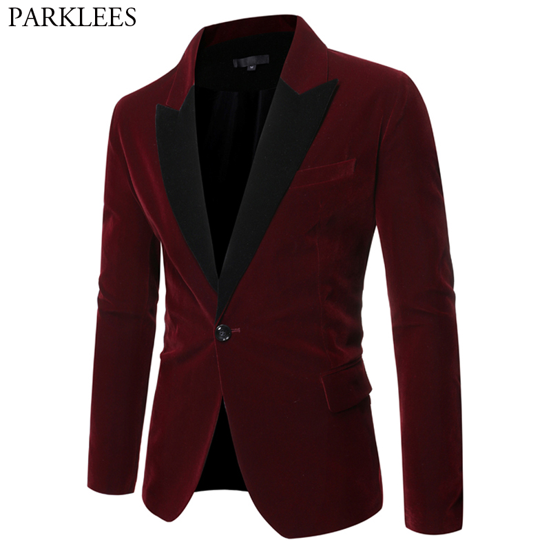 

Wine Red One Button Velvet Blazer Jacket Men 2020 Patchwork Collar Slim Fit Suit Jacket Male Wedding Party Casual Blazer Hombre, Black