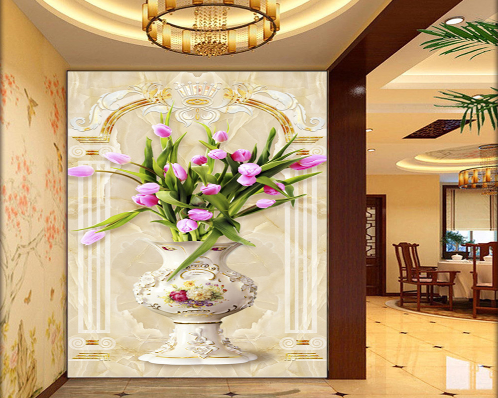 

3d Room Wallpaper Custom Marble Pattern Beautiful Vase Delicate Flowers Indoor Porch Background Wall Decoration Mural Wallpaper, Customize