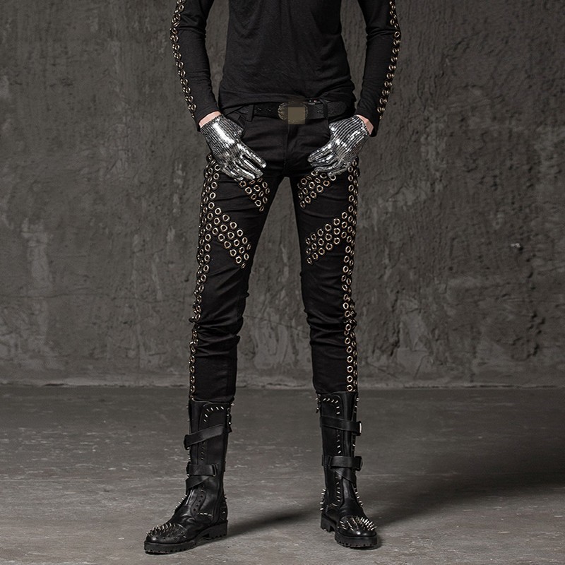 

2020 Winter New Casual Men Pencil Trousers Fashion Solid Rivet Elastic Pants Punk Style Slim Fit Hip Hop Street Dance Pants, Black