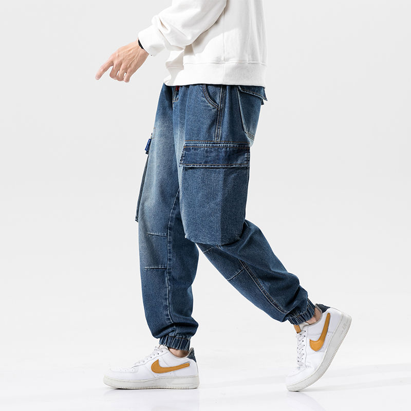 

2020 Men's Loose Big Cargo Pocket Wash Jeans Biker Denim Trousers Baggy Homme Black/blue Color Casual Pants Big Size -5XL