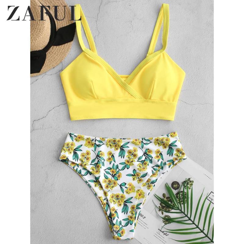 

ZAFUL Floral Surplice High Cut Tankini Swimsuit Bikini Plunge 2020Wire Free Solid Bra and Floral Briefs Sexy Bikini Bathing Suit