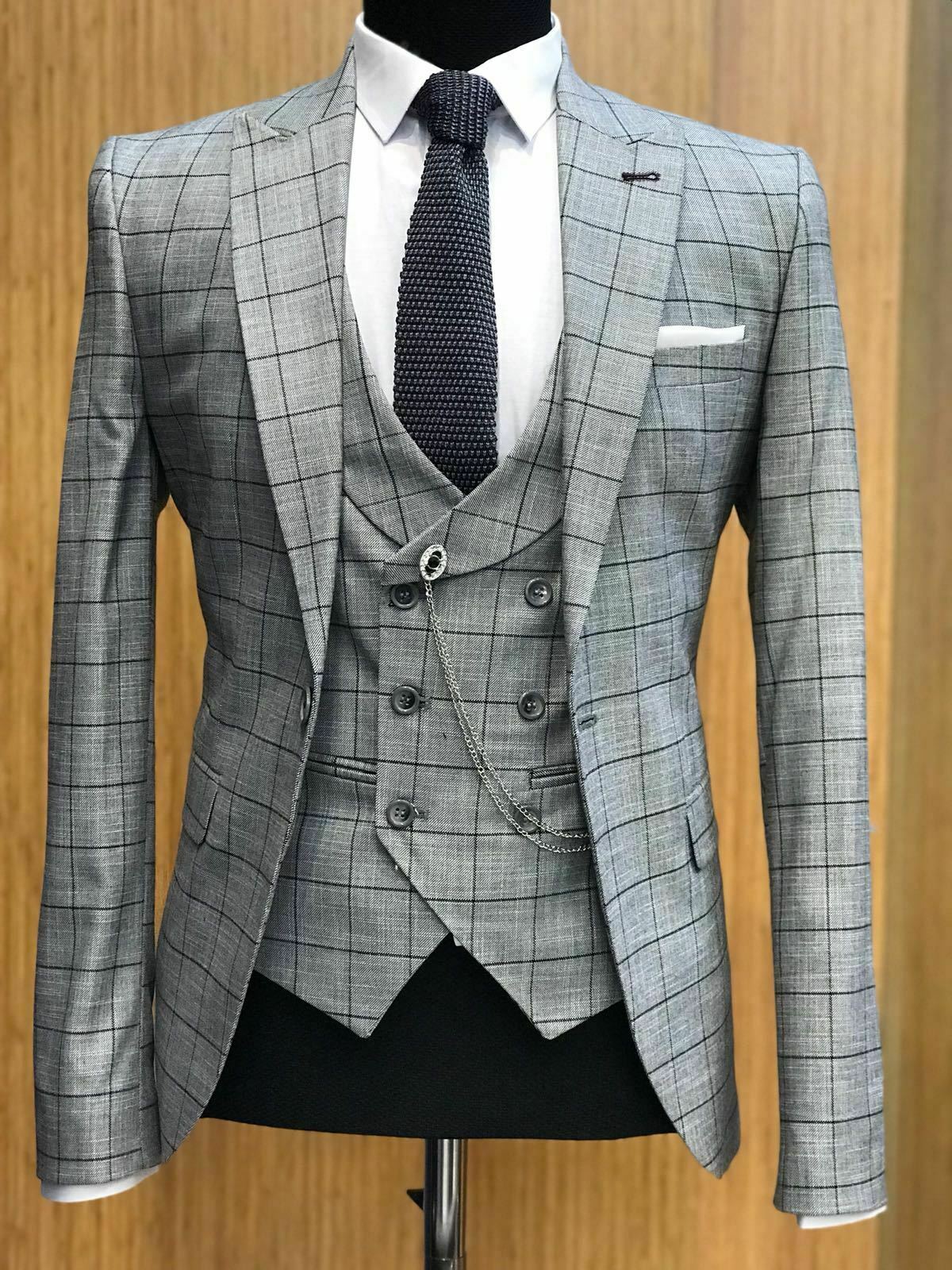 

Fashion Gray Plaid Check Mens Suits Formal Men's 3 Pieces Groom Wear Wedding Tuxedos Jacket Blazer Prom Dinner Suit (Jacket+Pants+Vest, Same as image