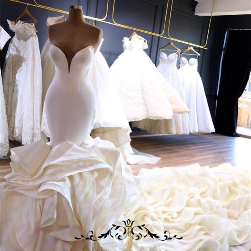 

2020 Sexy Deep V Neck Mermaid Wedding Dresses With Chapel Train Custom Made Organza Ruffles Bridal Gowns With Zipper Back, White