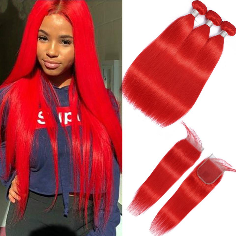 

Red Bundles With Closure Pre Colored Straight Bundles With Closure Brazilian Human Hair Weave Bundles With Closure Remy