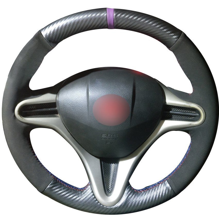 Carbon Fiber Leather Black Suede Purple Marker Car Steering Wheel Cover for Honda Civic Civic 8 2006-2009 (3-Spoke)-image-440433571