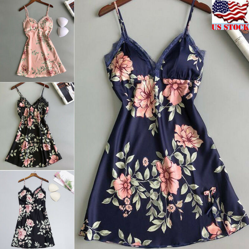 

Sexy Women Ladies Satin Floral Nightdress Silk Lace Lingerie Nightgown Sleepwear, Black