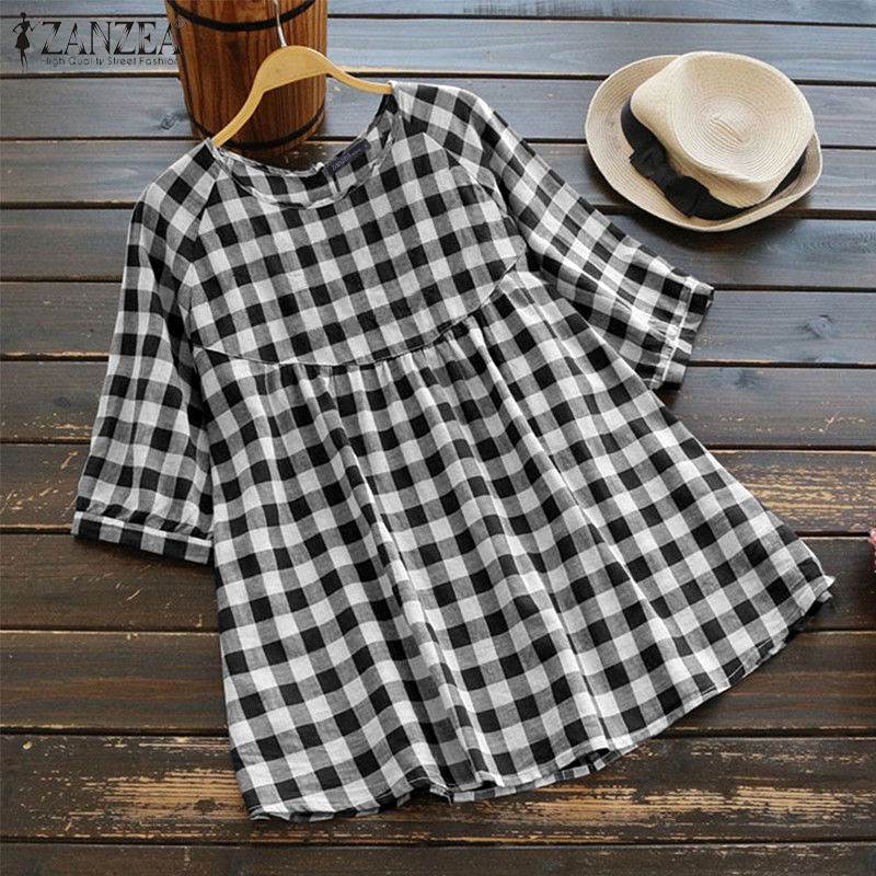

Women' Summer Blouse 2020 ZANZEA Vintage Check Shirts Casual Button Down Blusas Female Half Sleeve Tunic Plus Size Plaid Tops, Black