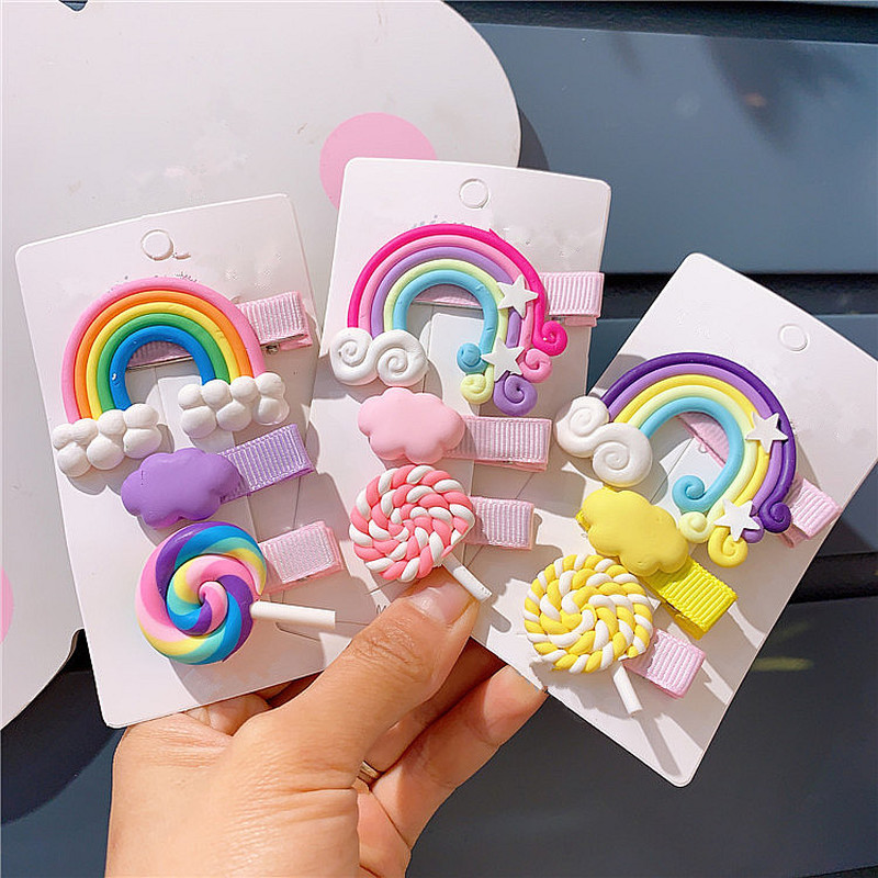 

New 3pc/set Cute Girl Cloud Lollipop Rainbow Hairpins Cartoon Bobby Pin Hair Clips for Girls Children Headband Kids Accessories, Yellow 3pcs